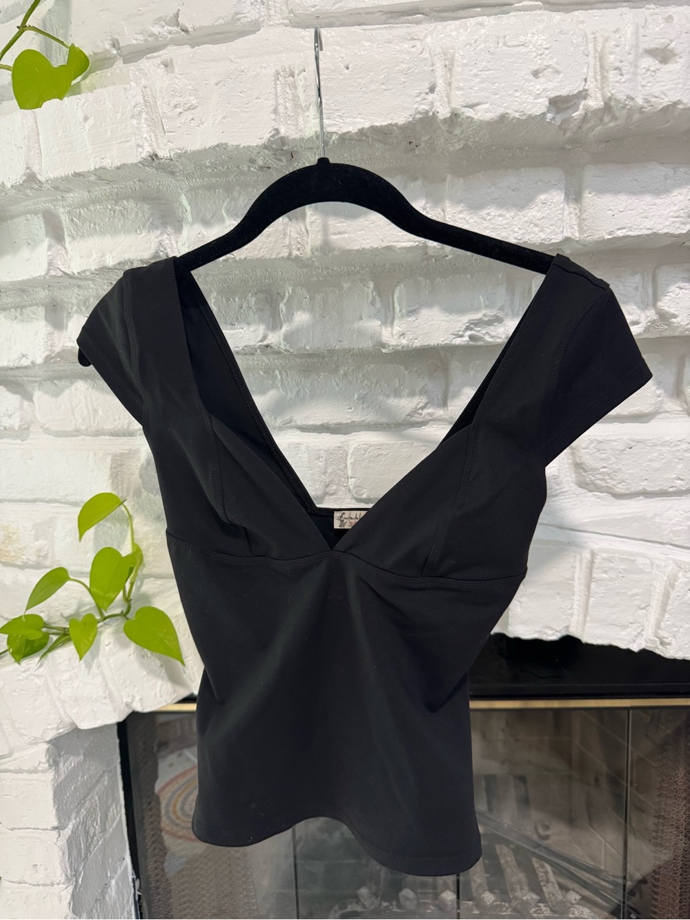 Free People Black V-Neck Short Sleeve Top
